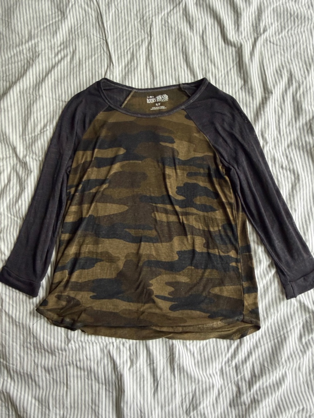 Lucky Brand Olive Camo Raglan Top with Grey Sleeves